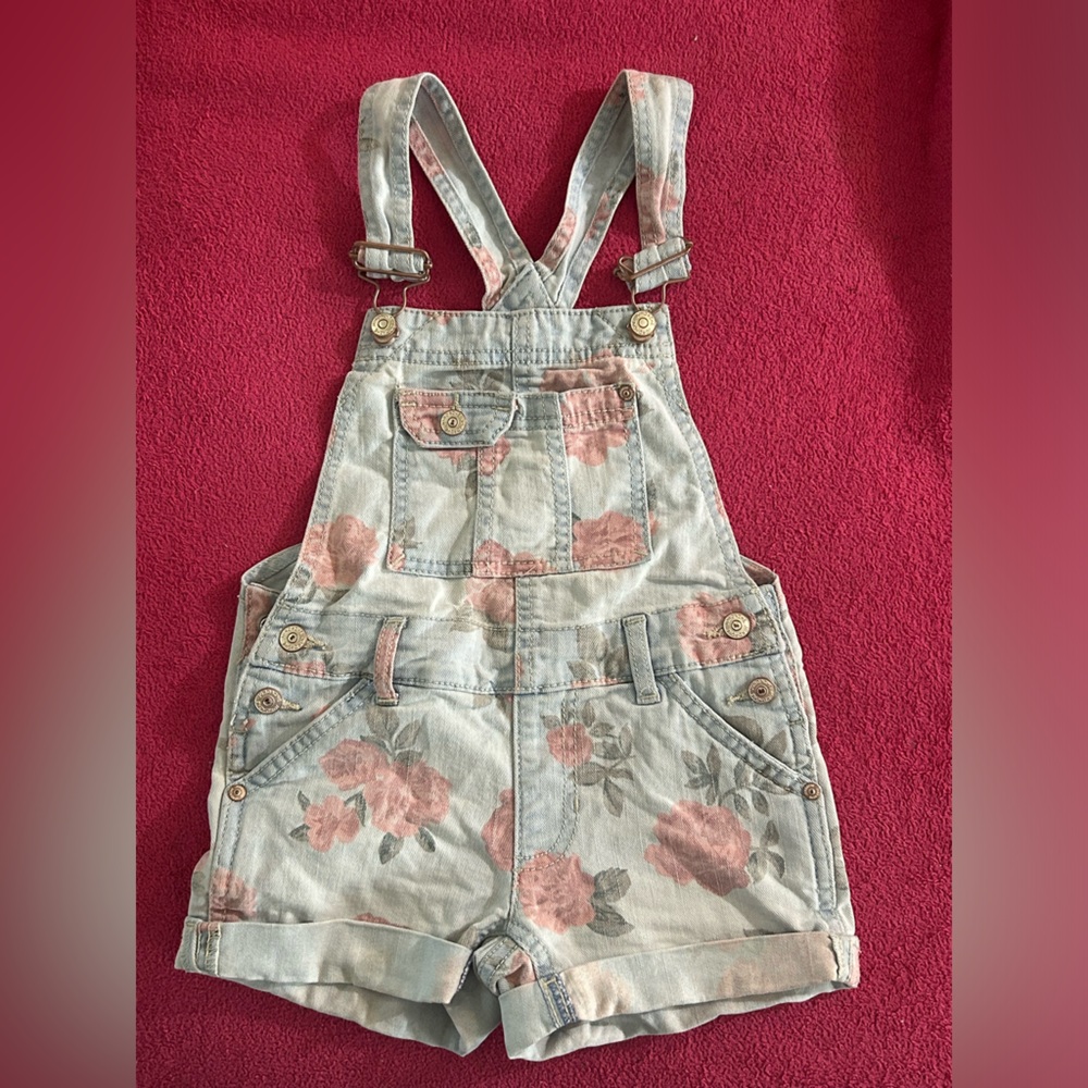 Jordache Light Wash Denim Overalls with Pink Floral Print